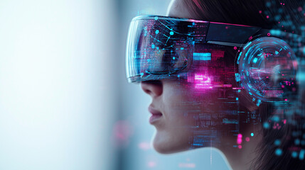 Fototapete - Girl in hi-tech VR glasses with elements of artificial intelligence. Background in a high-tech style. Shining lines and patterns resembling neural networks, connections, and digital circuits.