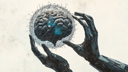 Poster - Robotic hands holding a floating brain symbolizing artificial intelligence and advanced technology