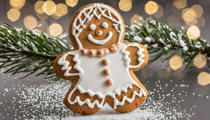 Delicious gingerbread cookie decorated with icing and placed beside festive pine branches and sparkling lights during the holiday season