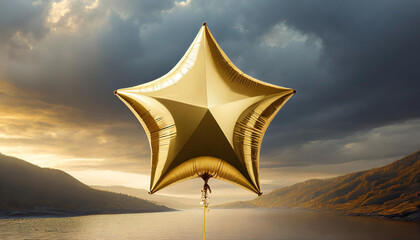 A golden star-shaped balloon floats gracefully over a serene lake at sunset, capturing the beauty of nature and celebration