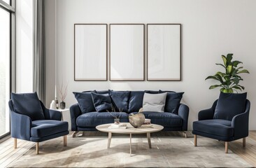 Modern living room interior design with a blue sofa, two armchairs, a coffee table, and three empty frames on the wall