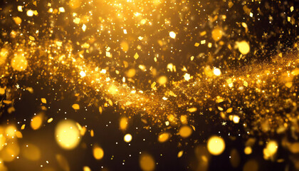 Poster - Golden particles shimmer and dance in a mesmerizing display of light against a dark background during a festive celebration