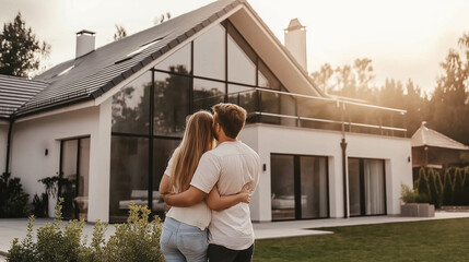 Wall Mural - Couple embracing outside a modern glass house in a lush garden setting at dusk.
