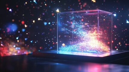Poster - Glowing particles trapped in a glass cube on a dark surface