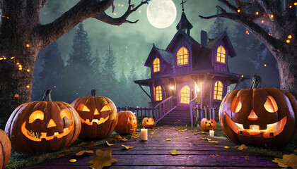 A spooky Halloween night with carved pumpkins in front of an eerie house under a full moon in a dark forest