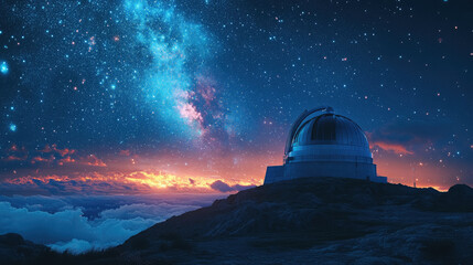 astronomical observatory with dome and telescope on hill against starry night sky, astronomy, science, space, planets, constellations, milky way, nature, architecture, stars, celestial body, astrology