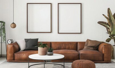 Modern living room interior with brown leather sofa and two empty picture frames