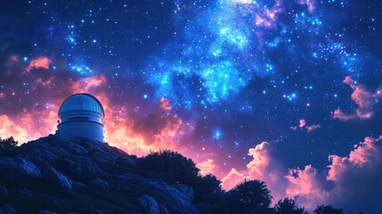 astronomical observatory with dome and telescope on hill against starry night sky, astronomy, science, space, planets, constellations, milky way, nature, architecture, stars, celestial body, astrology