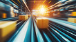 © Curioso.Photography - Blurred motion of packages moving rapidly on a conveyor belt in a high-speed logistics facility.