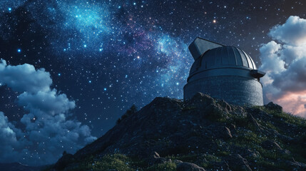 astronomical observatory with dome and telescope on hill against starry night sky, astronomy, science, space, planets, constellations, milky way, nature, architecture, stars, celestial body, astrology