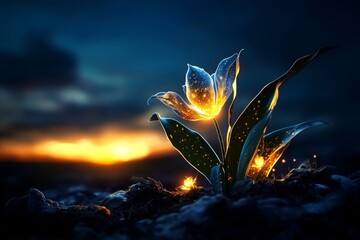 Poster - Magical sunrise, where enchanted creatures and glowing flowers awaken with the first light of day, blending the natural beauty of dawn with a touch of fantasy