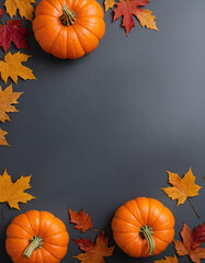 Orange pumpkins and autumn leaves on a flat gray background. Concept for Thanksgiving, Harvest Festival or Halloween celebrations. Autumn flat lay for banner with copy space for text. Top view.	
