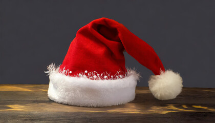 A festive red and white Santa hat displayed on a rustic wooden surface in a cozy holiday setting