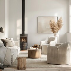 A cozy living room with a fireplace, a couch, two armchairs, and a wooden coffee table. The room is decorated in a minimalist style with a neutral color palette