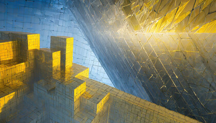 Poster - Intricate golden and blue geometric structures reflecting light in a surreal abstract setting