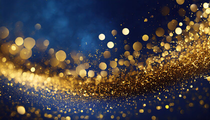 Poster - A shimmering wave of golden sparkles on a dark blue background creating a magical atmosphere during a celebratory event