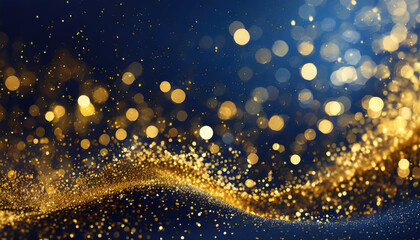 Poster - A dazzling wave of golden glitter swirls gracefully against a deep blue background creating a beautiful festive atmosphere