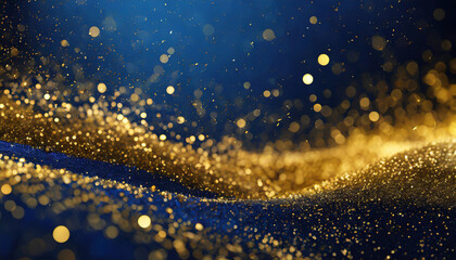 Poster - Golden sparkles illuminating a dark blue background, creating a magical and enchanting atmosphere during a festive celebration