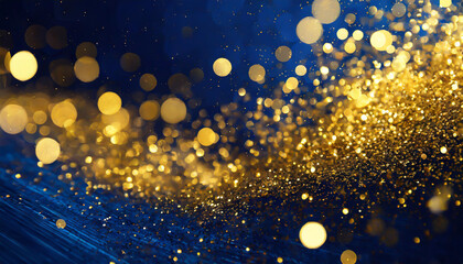 Poster - Golden bokeh glitter effect with blurred blue background creating a magical and festive atmosphere for celebrations