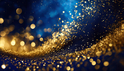Poster - Sparkling golden particles dance across a deep blue backdrop, creating a mesmerizing, glittering effect in a festive atmosphere