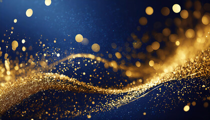 Poster - Glittering golden particles swirl against a deep blue background, creating a captivating and dynamic visual display