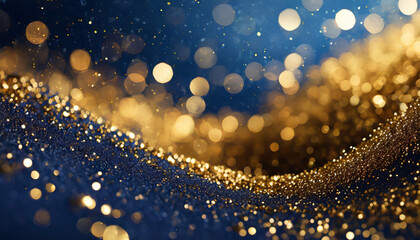 Poster - Vibrant sparkling golden particles create a mesmerizing wave effect against a dark blue background during a festive celebration