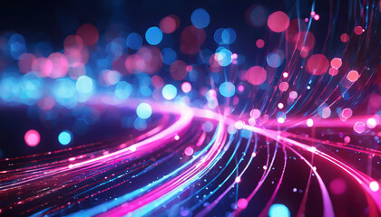 Poster - Colorful abstract light trails create a vibrant digital landscape, showcasing dynamic movement and energy in a dark background setting