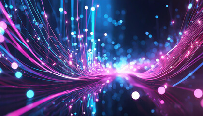 Poster - Vibrant digital landscape with flowing lines and glowing particles creating an abstract light display in a futuristic setting