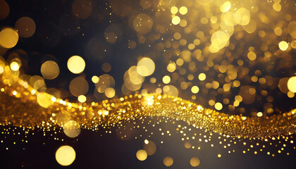 Poster - Golden shimmering particles glimmering gracefully in an abstract wave formation against a dark background at night