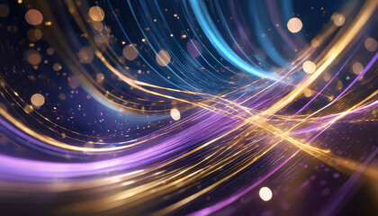 Poster - Abstract colorful waves of light with shimmering particles in a dark background showcasing dynamic motion