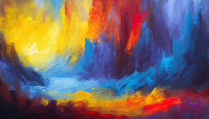 Poster - Vibrant abstract landscape with bold colors in flowing patterns depicting the transition from day to night