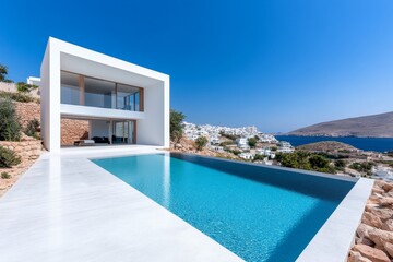 Poster - Minimalist residential home with clean lines, white walls, and large windows, set against a simple, open landscape