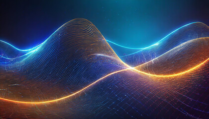 Poster - Vibrant abstract wave patterns with glowing colors and dynamic movement in a digital landscape