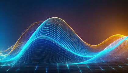 Poster - Colorful abstract wave patterns representing sound and light in a digital landscape during nighttime