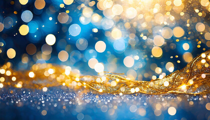Poster - Sparkling golden confetti cascades over vibrant blue background creating a festive atmosphere perfect for celebrations