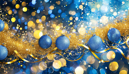 Wall Mural - Bright blue Christmas ornaments and golden tinsel sparkle against a festive, colorful background during the holiday season