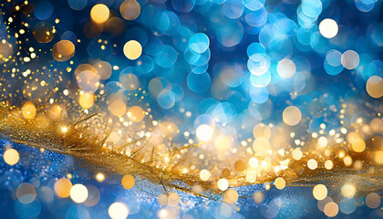 Wall Mural - A mesmerizing display of shimmering gold and blue bokeh lighting creating a festive atmosphere during the holiday season