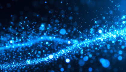 Poster - radiant blue particles shimmer and dance in vibrant waves against a dark background, creating a mesm