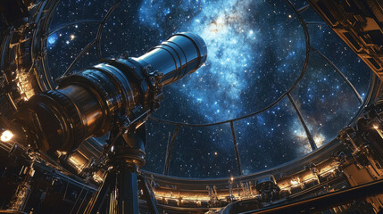 Close-up of astronomical observatory telescope against starry night sky, copyspace, stars, constellations, space, universe, planets, science, learning, research, discovery, celestial bodies, blue