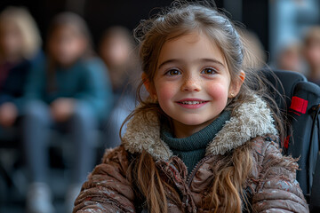 A young girl with a disability participating in a school play, supported by her peers. Concept of education.