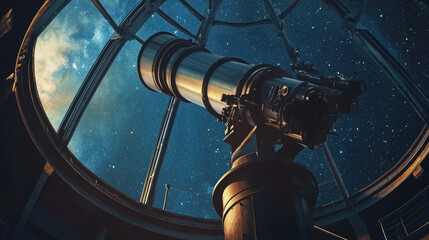 close-up of astronomical observatory telescope against starry night sky, copyspace, stars, constella