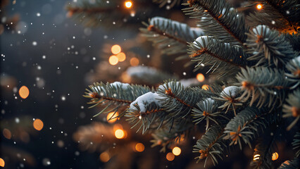 Snow fall in winter forest. Christmas new year magic. Blue spruce fir tree branches detail. Banner image