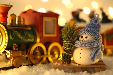 Wall Mural - Cute decorative snowman and toy train on artificial snow against blurred lights, closeup