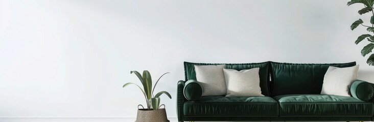 Modern living room interior with a comfortable green velvet sofa, pillows, green plants, and a white wall. Minimalist Scandinavian interior design with copy space