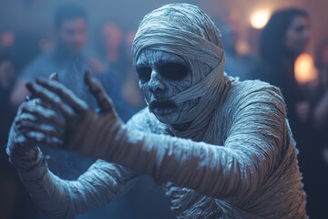 Canvas Print - A mummy costume wrapped in white cloth, stumbling through a dimly lit party. Concept of costume design.