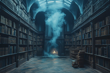 Poster - a haunted library with dusty old books and ghostly apparitions floating through the air. concept of 