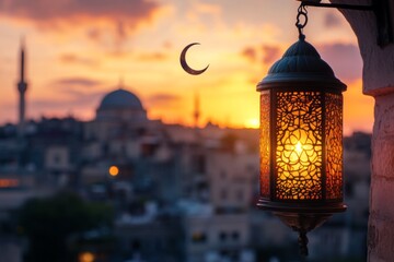 Beautiful lantern shining in the sunset glow. The crescent moon enhances the charming scene. Perfect for travel or cultural themes. Generative AI