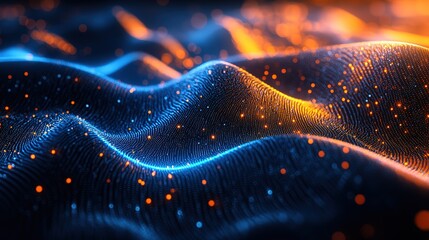 Poster - Digital background with glowing blue and orange dots on a dark wave, in a technology futuristic concept, abstract data flow