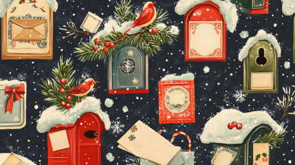 Wall Mural - Christmas Mailboxes and Birds Seamless Pattern.