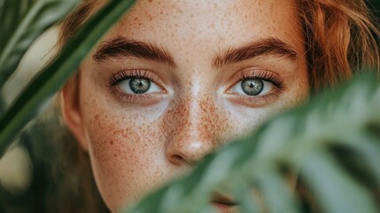 The portrait showcases a young woman with vibrant green eyes, freckled skin, and soft features, partially obscured by green leaves in a tranquil outdoor environment